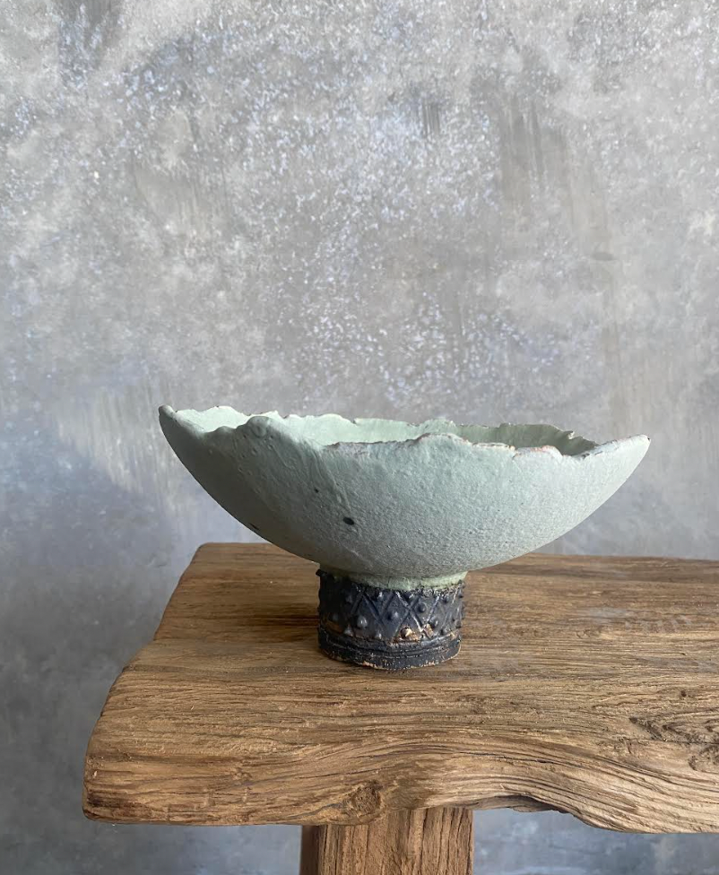 LICHEN AND BRONZE FOOTED BOWL